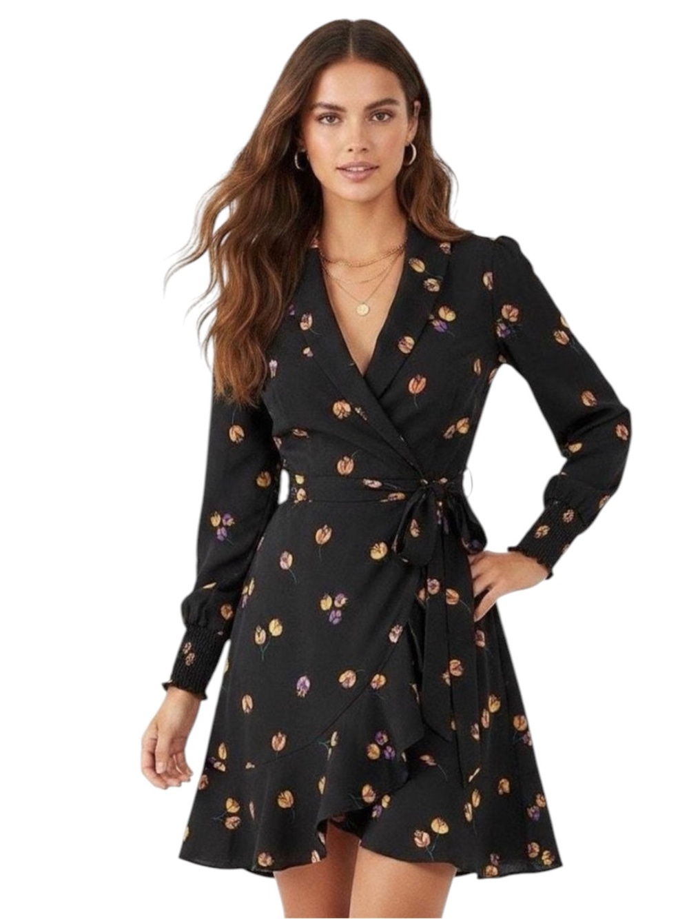 Cabi Black Floral Devine Wrap Dress Long Sleeve V Neck Large Style 4391